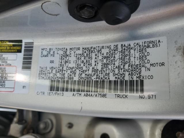 3TMJU62NX5M001908 - 2005 TOYOTA TACOMA DOUBLE CAB PRERUNNER SILVER photo 12