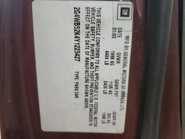 2G4WB52K4Y1223427 - 2000 BUICK REGAL LS BURGUNDY photo 12