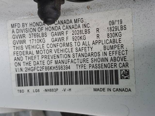 2HGFC2F86KH598394 - 2019 HONDA CIVIC SPORT 白色 照片 12