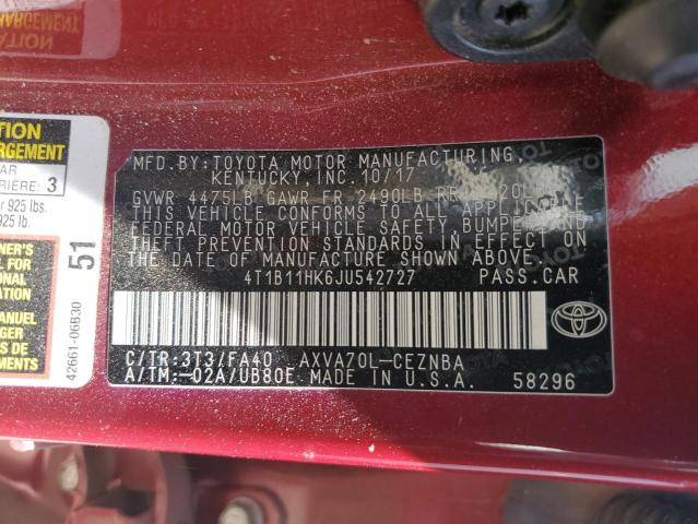 4T1B11HK6JU542727 - 2018 TOYOTA CAMRY L BURGUNDY photo 12