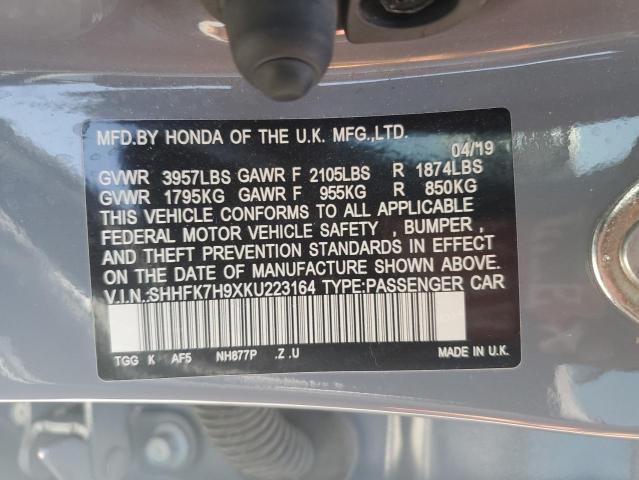 SHHFK7H9XKU223164 - 2019 HONDA CIVIC SPORT TOURING GRAY photo 12