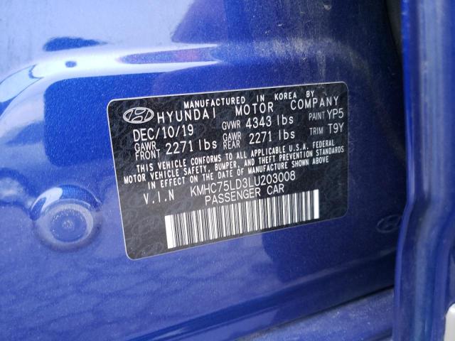 KMHC75LD3LU203008 - 2020 HYUNDAI IONIQ SEL BLUE photo 10