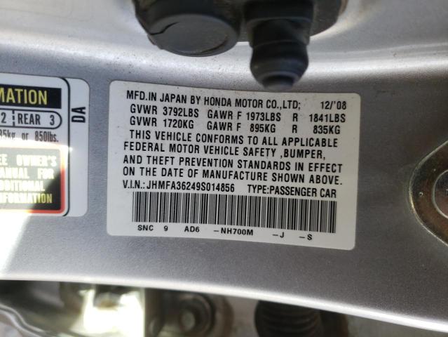 JHMFA36249S014856 - 2009 HONDA CIVIC HYBRID SILVER photo 12