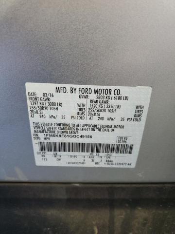 1FM5K8F81GGC49156 - 2016 FORD EXPLORER LIMITED SILVER photo 13