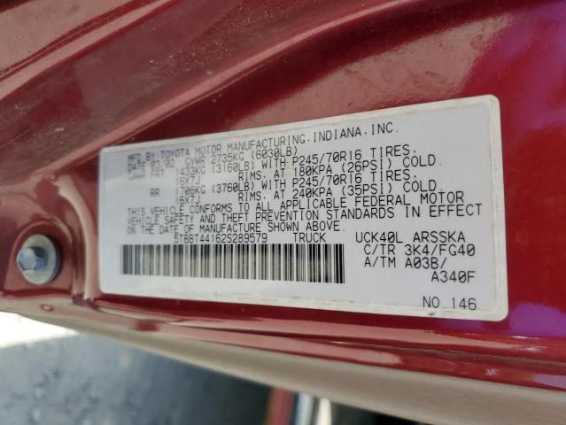 5TBBT44162S289579 - 2002 TOYOTA TUNDRA ACCESS CAB წითელი ფოტო 12