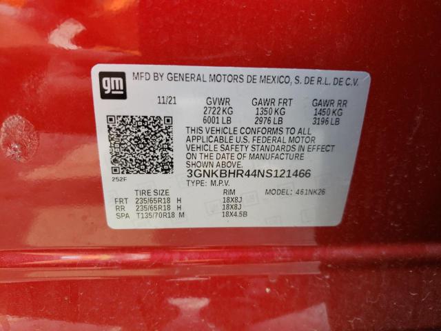 3GNKBHR44NS121466 - 2022 CHEVROLET BLAZER 2LT RED photo 13