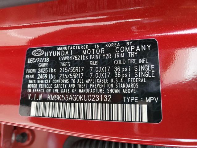 KM8K53AG0KU023132 - 2019 HYUNDAI KONA ULTIMATE RED photo 12