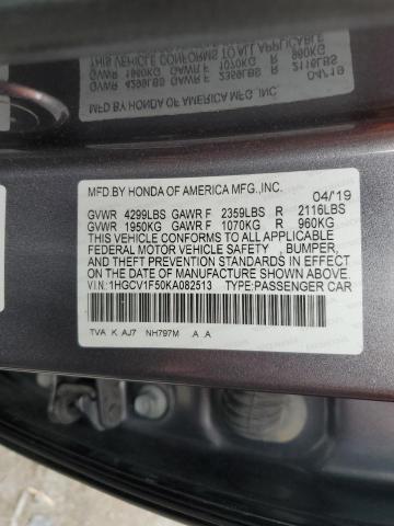 1HGCV1F50KA082513 - 2019 HONDA ACCORD EXL GRAY photo 12