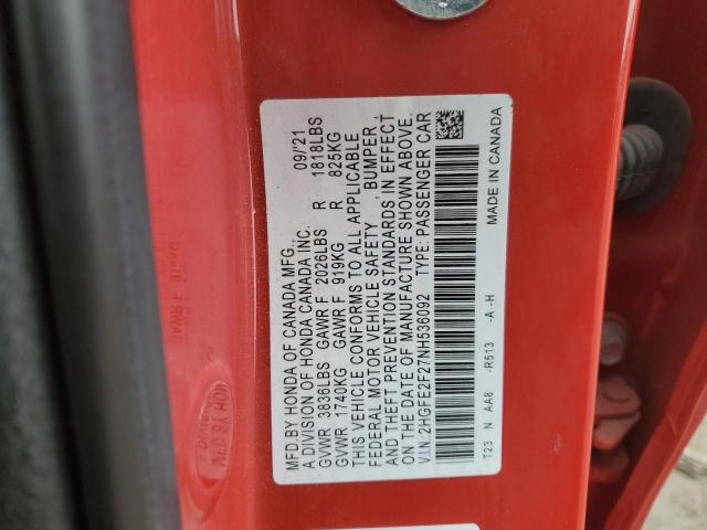 2HGFE2F27NH536092 - 2022 HONDA CIVIC LX RED photo 12