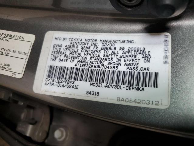 4T1BE32K63U704285 - 2003 TOYOTA CAMRY LE GRAY photo 12