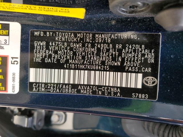 4T1B11HK7KU684215 - 2019 TOYOTA CAMRY L BLUE photo 13