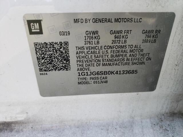 1G1JG6SB0K4133685 - 2019 CHEVROLET SONIC WHITE photo 12