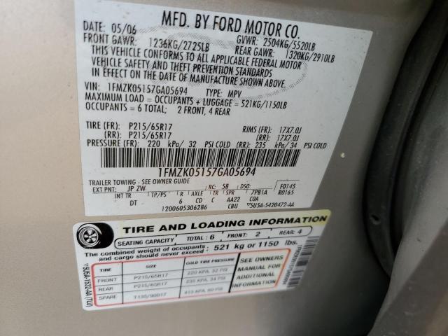 1FMZK05157GA05694 - 2007 FORD FREESTYLE SEL GRAY photo 14