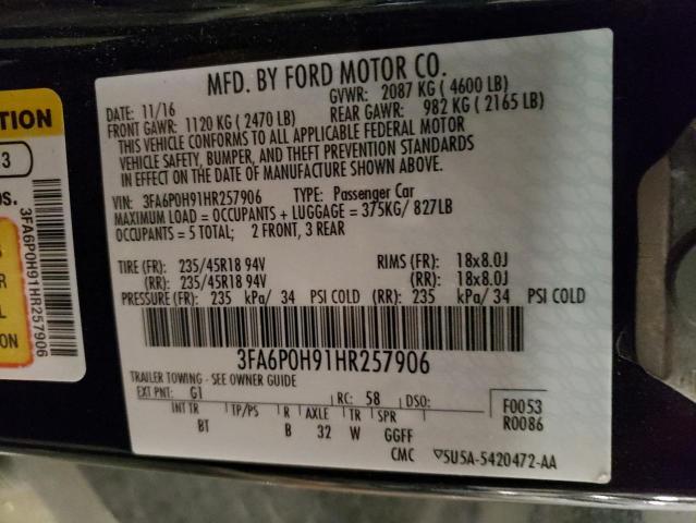 3FA6P0H91HR257906 - 2017 FORD FUSION SE BLACK photo 12