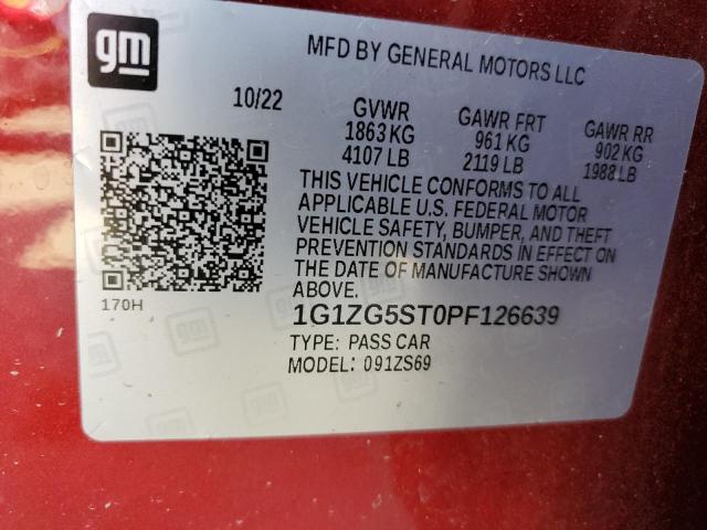 1G1ZG5ST0PF126639 - 2023 CHEVROLET MALIBU RS RED photo 13