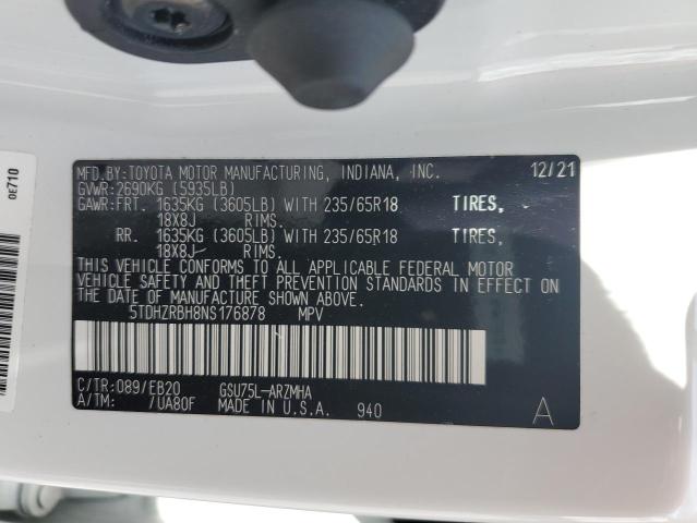 5TDHZRBH8NS176878 - 2022 TOYOTA HIGHLANDER XLE WHITE photo 14