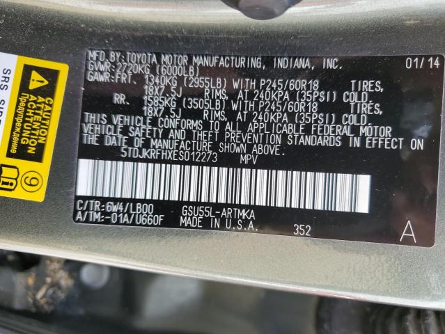 5TDJKRFHXES012273 - 2014 TOYOTA HIGHLANDER XLE GREEN photo 13