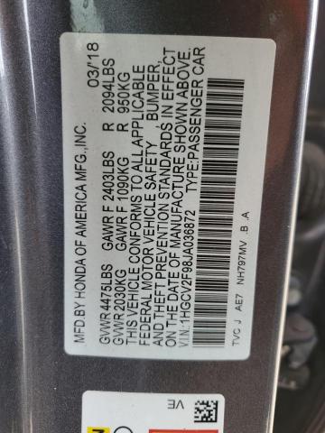 1HGCV2F98JA036872 - 2018 HONDA ACCORD TOURING 灰色 照片 12