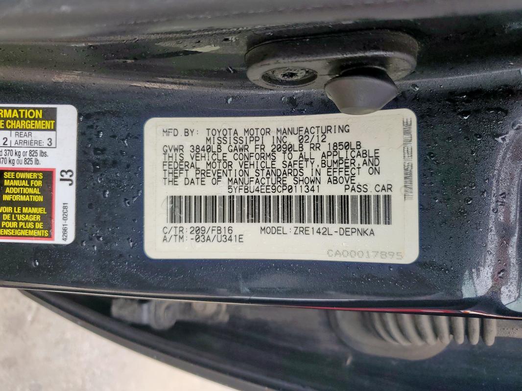 5YFBU4EE9CP011341 - 2012 TOYOTA COROLLA BASE أسود صورة 12