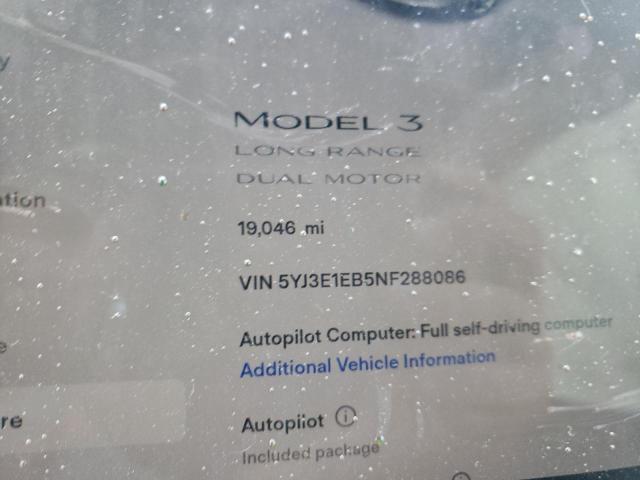 5YJ3E1EB5NF288086 - 2022 TESLA MODEL 3 Ağ foto 9