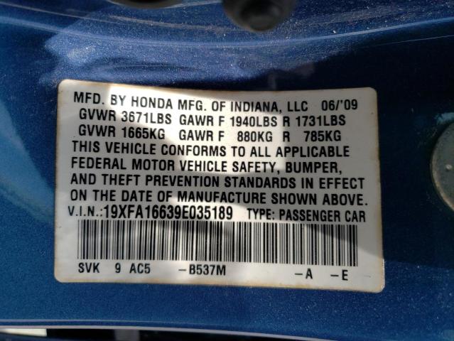 19XFA16639E035189 - 2009 HONDA CIVIC LX-S Bleu photo 13