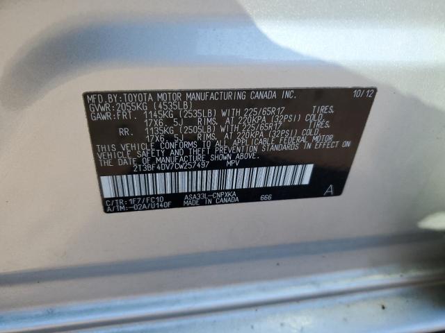 2T3BF4DV7CW257497 - 2012 TOYOTA RAV4 SILVER photo 13