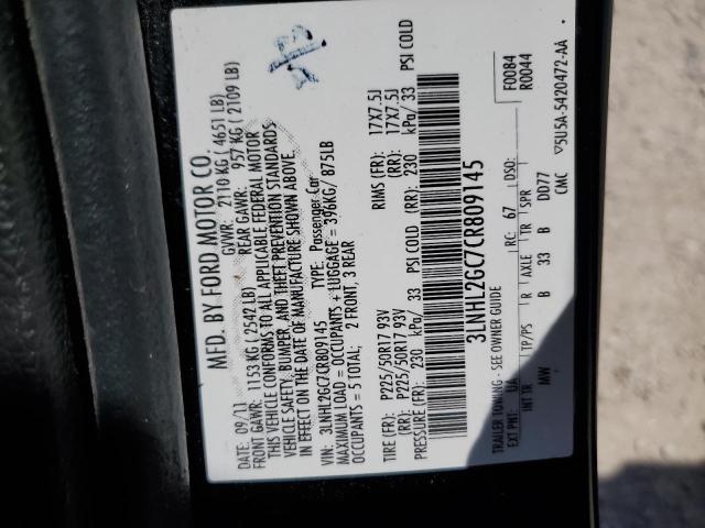 3LNHL2GC7CR809145 - 2012 LINCOLN MKZ BLACK photo 12