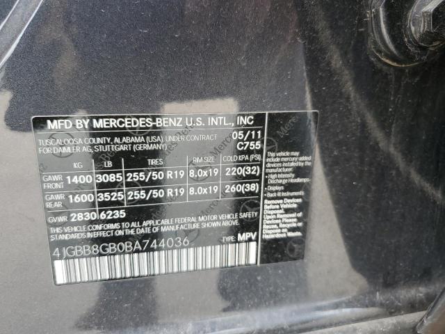 4JGBB8GB0BA744036 - 2011 MERCEDES-BENZ ML 350 4MATIC GRAY photo 13