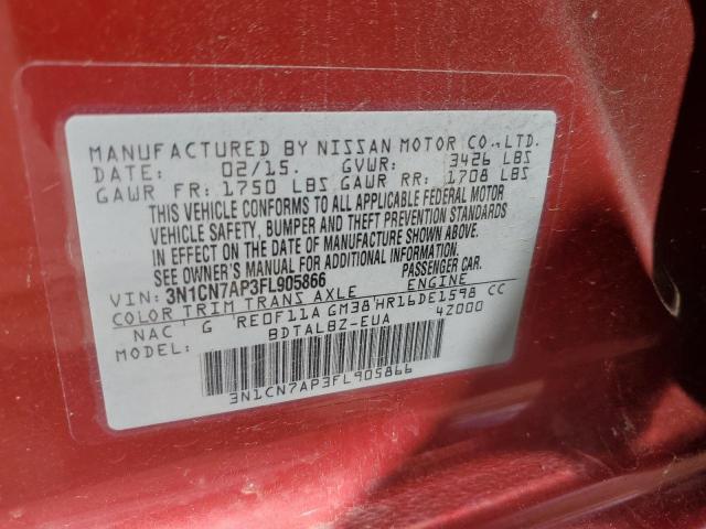 3N1CN7AP3FL905866 - 2015 NISSAN VERSA S RED photo 12