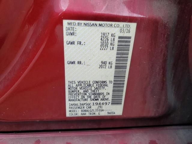 1N4AL3AP5GC194497 - 2016 NISSAN ALTIMA 2.5 红色 照片 12