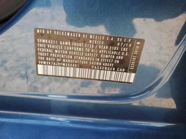 3VW2K7AJ9FM350491 - 2015 VOLKSWAGEN JETTA BASE 蓝色 照片 12