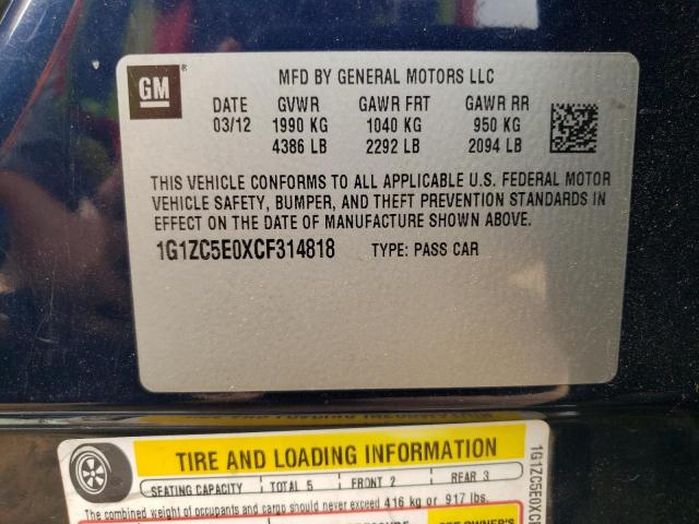 1G1ZC5E0XCF314818 - 2012 CHEVROLET MALIBU 1LT Niebieski zdjęcie 12