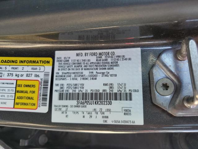 3FA6P0SU1KR202330 - 2019 FORD FUSION TITANIUM GRAY photo 12