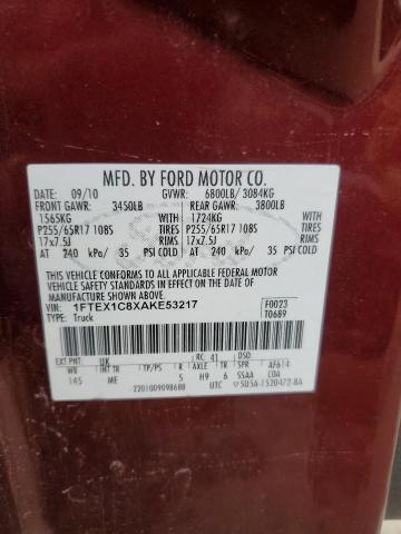 1FTEX1C8XAKE53217 - 2010 FORD F150 SUPER CAB MAROON photo 12