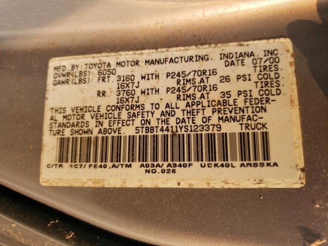 5TBBT4411YS123379 - 2000 TOYOTA TUNDRA ACCESS CAB Gris photo 12