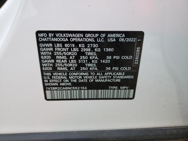 1V2BR2CA8NC552154 - 2022 VOLKSWAGEN ATLAS SEL WHITE photo 13