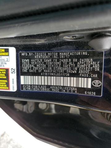 4T1B11HKXJU511738 - 2018 TOYOTA CAMRY L BLACK photo 12