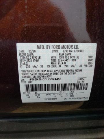 1FM5K8HC8LGC24458 - 2020 FORD EXPLORER PLATINUM BURGUNDY photo 12