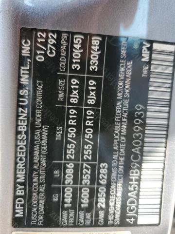 4JGDA5HB9CA039939 - 2012 MERCEDES-BENZ ML 350 4MATIC GRAY photo 13