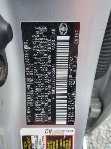 4T1BK3DB9CU455616 - 2012 TOYOTA AVALON BASE SILVER photo 12