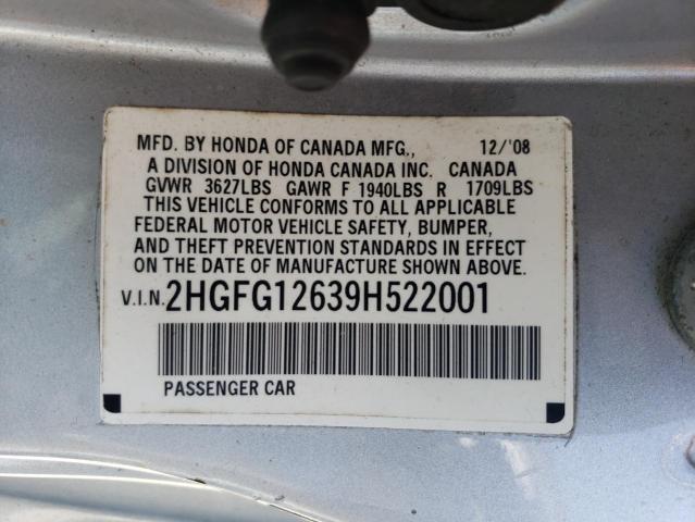 2HGFG12639H522001 - 2009 HONDA CIVIC LX SILVER photo 12