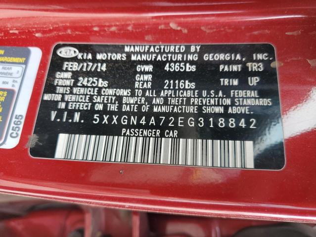 5XXGN4A72EG318842 - 2014 KIA OPTIMA EX RED photo 12