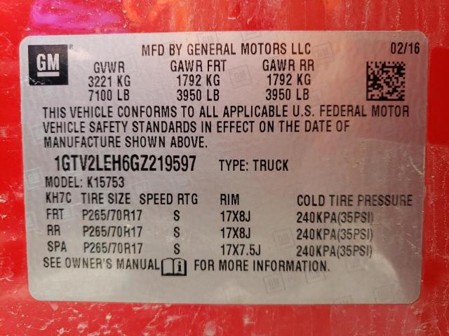 1GTV2LEH6GZ219597 - 2016 GMC SIERRA K1500 RED photo 13