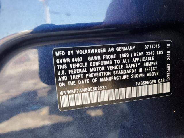 WVWBP7AN6GE503231 - 2016 VOLKSWAGEN CC BASE BLUE photo 13