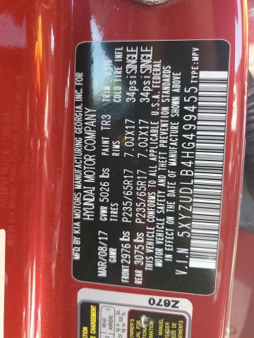 5XYZUDLB4HG499455 - 2017 HYUNDAI SANTA FE S Червоний фото 12