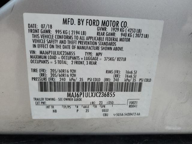 MAJ6P1ULXJC236855 - 2018 FORD ECOSPORT SE ვერცხლისფერი ფოტო 13