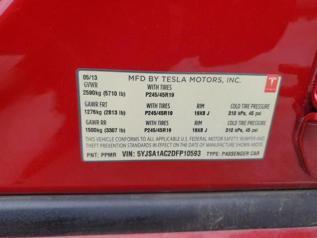 5YJSA1AC2DFP10593 - 2013 TESLA MODEL S 红色 照片 12