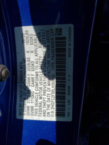 2HGFC2F88LH560036 - 2020 HONDA CIVIC SPORT 蓝色 照片 12