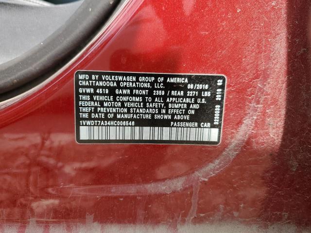 1VWDT7A34HC006546 - 2017 VOLKSWAGEN PASSAT R-LINE ბურგუნდია ფოტო 12