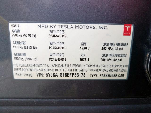 5YJSA1S18EFP33178 - 2014 TESLA MODEL S  foto 10